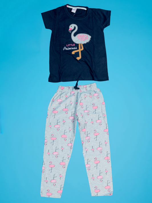 Navy Blue & Grey - Girls Floral Night Wear