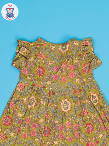 Lite Green & Mustard Floral - Girls Readymade Jaipuri Cotton Frocks