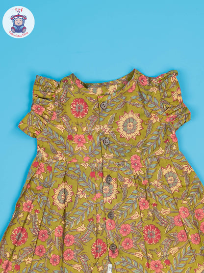 Lite Green & Mustard Floral - Girls Readymade Jaipuri Cotton Frocks