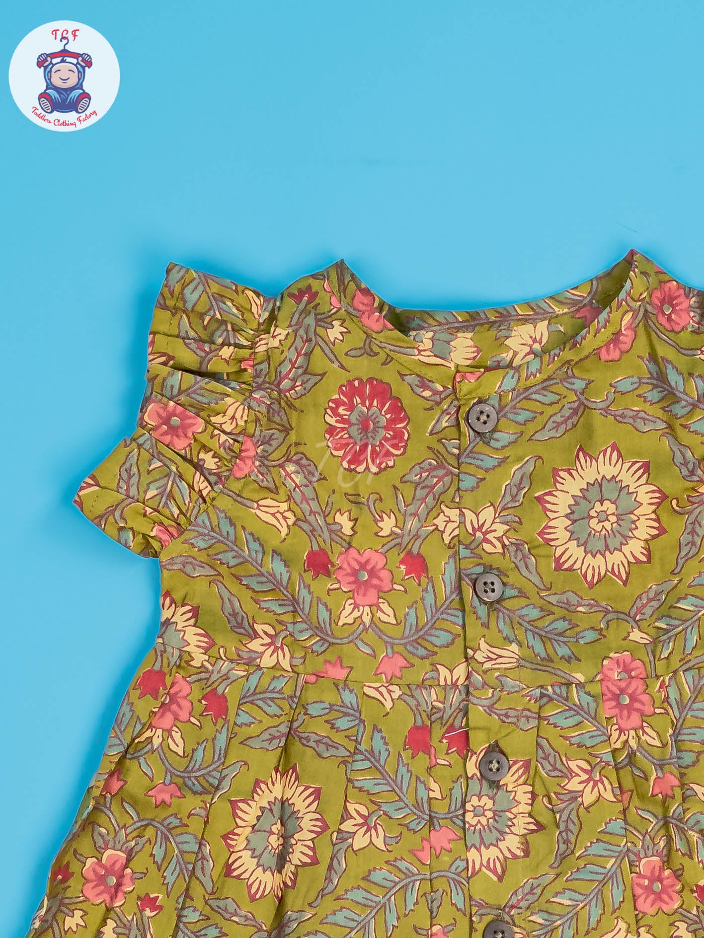 Lite Green & Mustard Floral - Girls Readymade Jaipuri Cotton Frocks