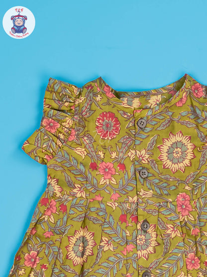 Lite Green & Mustard Floral - Girls Readymade Jaipuri Cotton Frocks