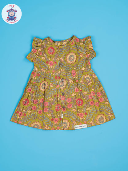 Lite Green & Mustard Floral - Girls Readymade Jaipuri Cotton Frocks