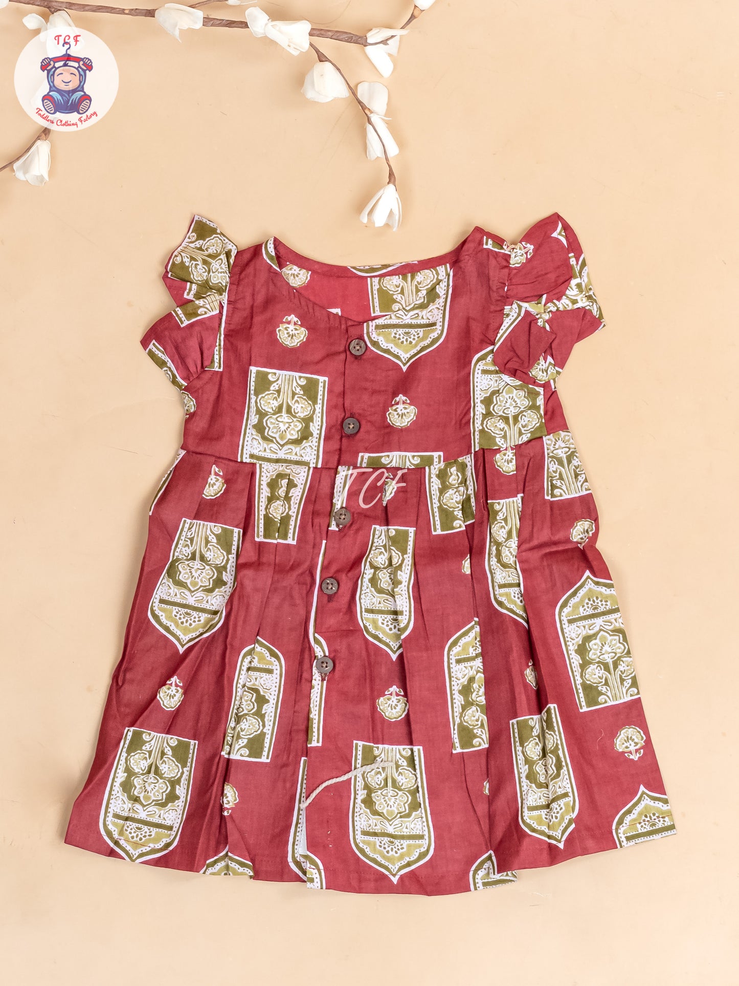 Maroon & Grey  Ajrakh Printed - Girls Readymade Jaipuri Cotton Frocks