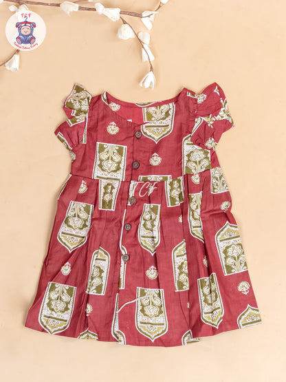 Maroon & Grey  Ajrakh Printed - Girls Readymade Jaipuri Cotton Frocks