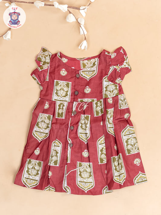 Maroon & Grey  Ajrakh Printed - Girls Readymade Jaipuri Cotton Frocks
