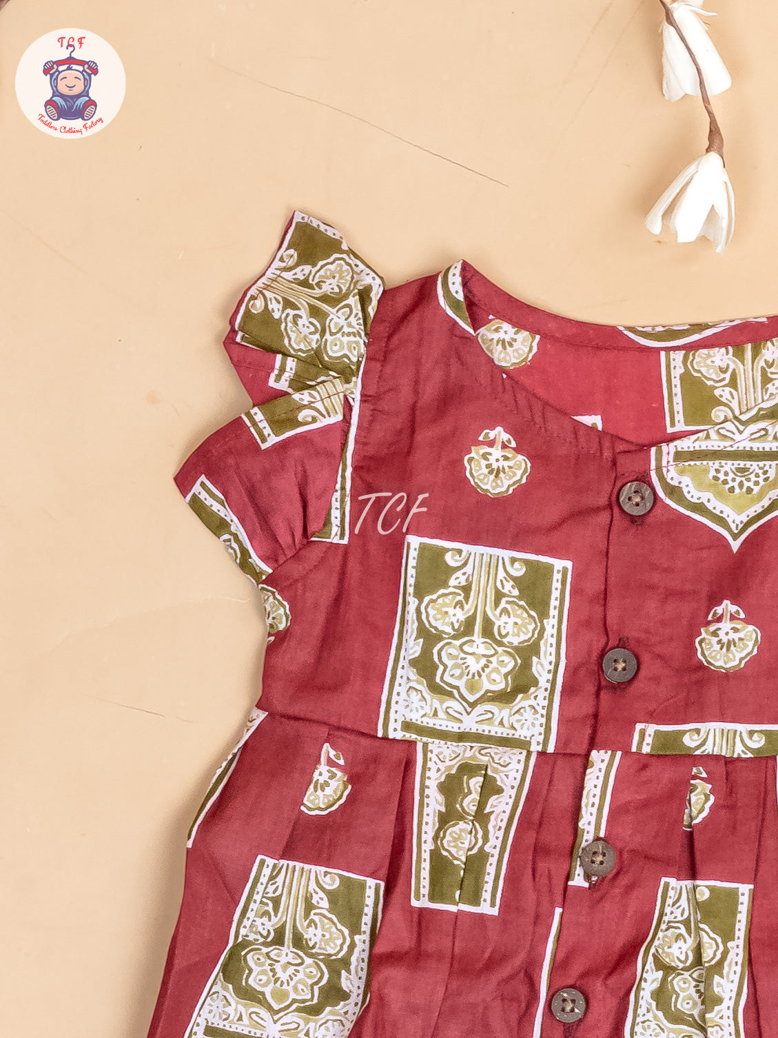 Maroon & Grey  Ajrakh Printed - Girls Readymade Jaipuri Cotton Frocks
