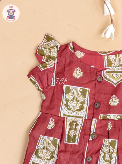 Maroon & Grey  Ajrakh Printed - Girls Readymade Jaipuri Cotton Frocks