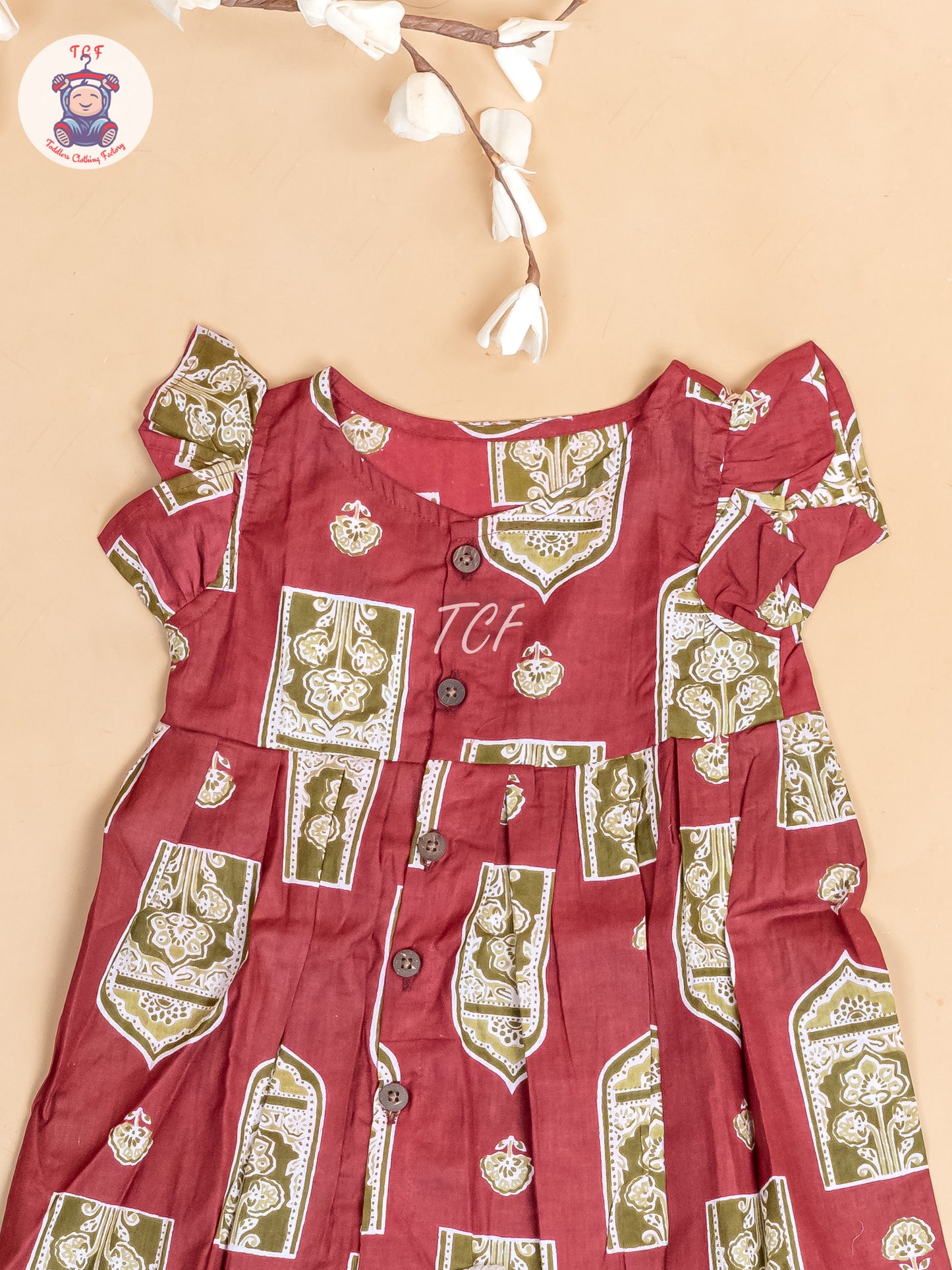 Maroon & Grey  Ajrakh Printed - Girls Readymade Jaipuri Cotton Frocks