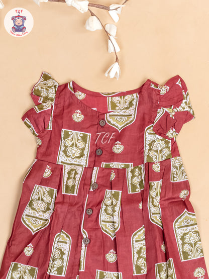 Maroon & Grey  Ajrakh Printed - Girls Readymade Jaipuri Cotton Frocks