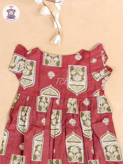 Maroon & Grey  Ajrakh Printed - Girls Readymade Jaipuri Cotton Frocks