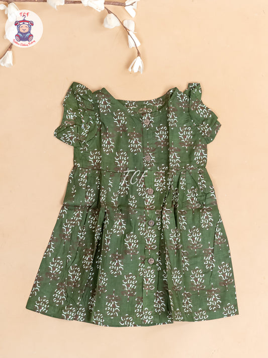 Dark Green Printed - Girls Readymade Jaipuri Cotton Frocks