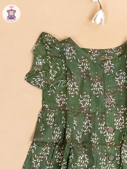 Dark Green Printed - Girls Readymade Jaipuri Cotton Frocks