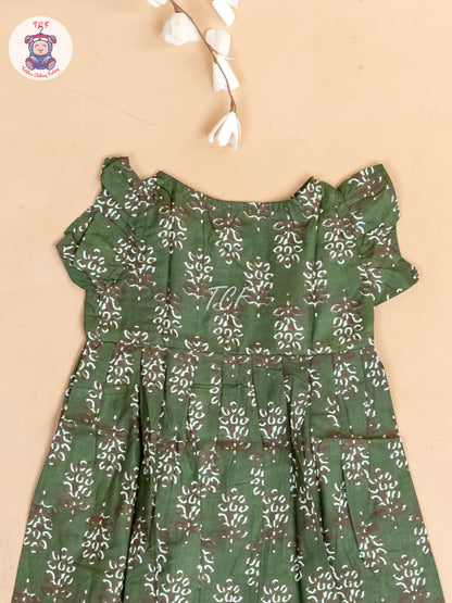 Dark Green Printed - Girls Readymade Jaipuri Cotton Frocks
