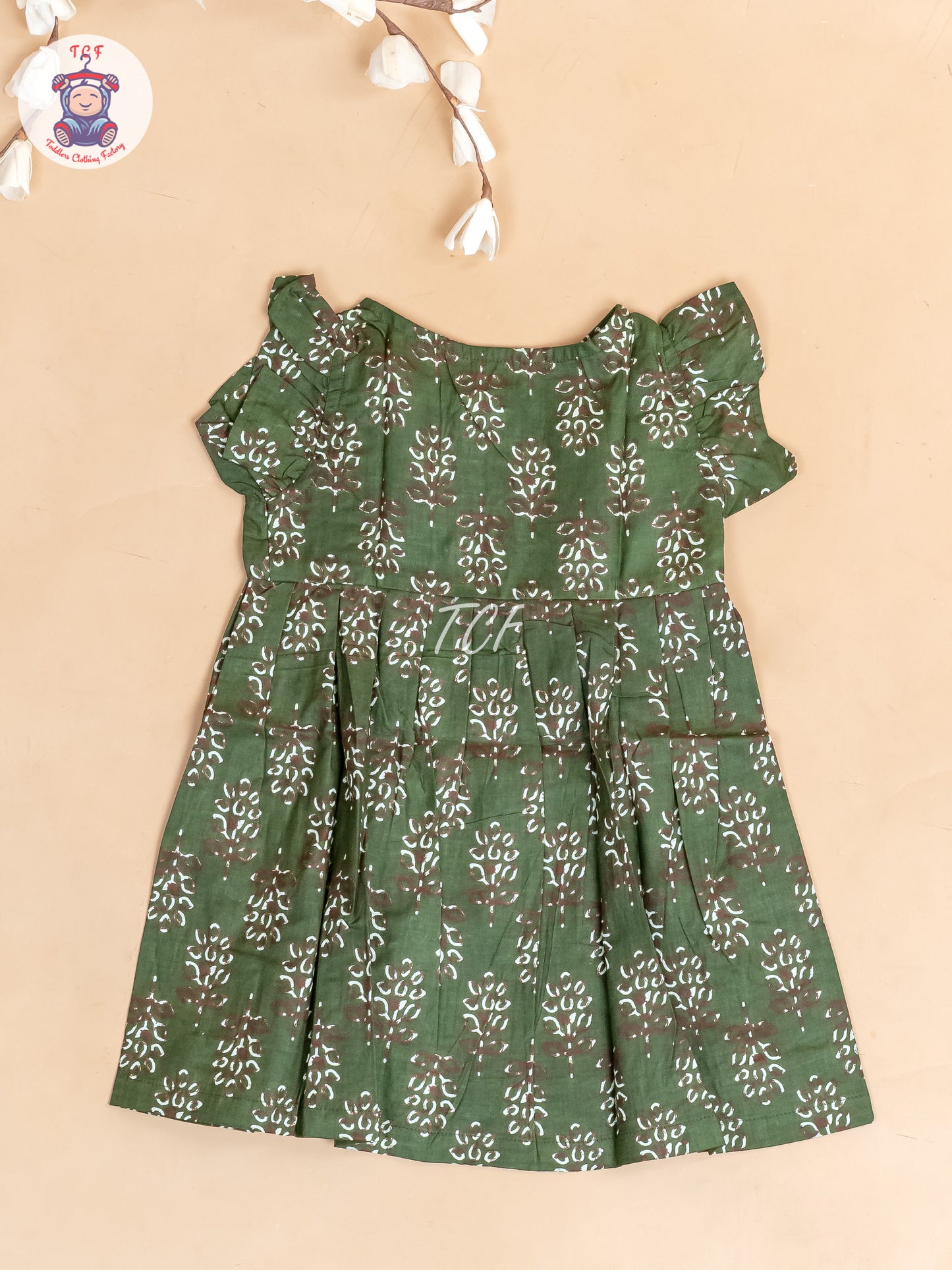 Dark Green Printed - Girls Readymade Jaipuri Cotton Frocks