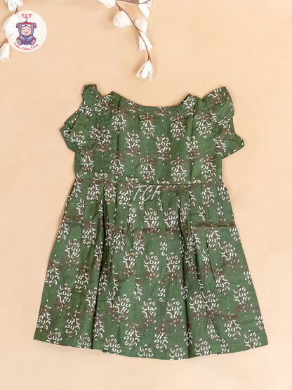 Dark Green Printed - Girls Readymade Jaipuri Cotton Frocks