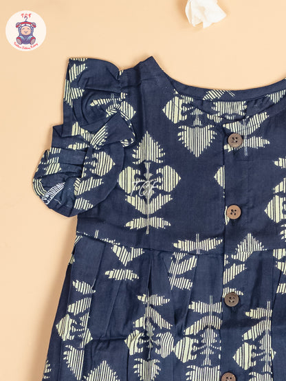 Navy Blue - Girls Readymade Jaipuri Printed Cotton Frocks