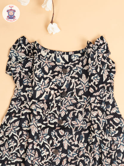 Black - Girls Floral Printed Readymade Jaipuri Cotton Frocks