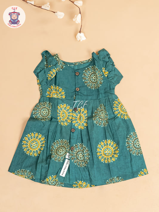 Teal Green - Girls Readymade Jaipuri Printed Cotton Frocks