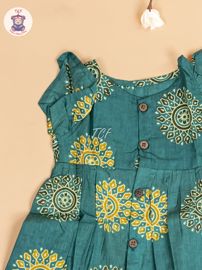 Teal Green - Girls Readymade Jaipuri Printed Cotton Frocks