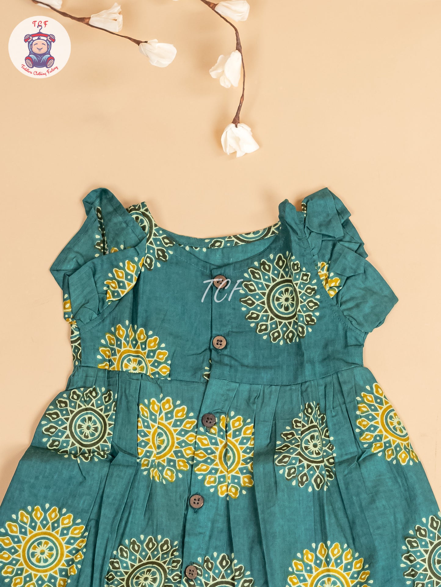 Teal Green - Girls Readymade Jaipuri Printed Cotton Frocks