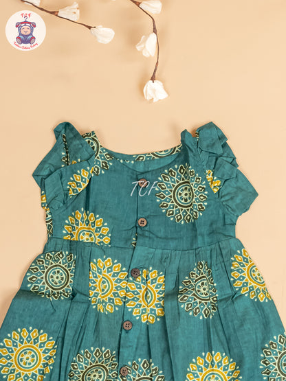 Teal Green - Girls Readymade Jaipuri Printed Cotton Frocks
