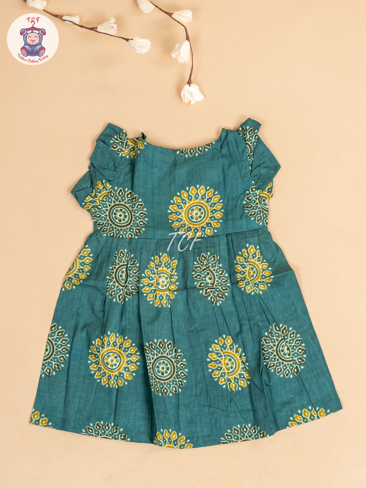 Teal Green - Girls Readymade Jaipuri Printed Cotton Frocks