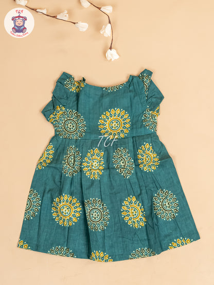 Teal Green - Girls Readymade Jaipuri Printed Cotton Frocks