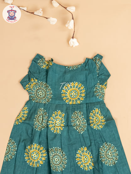 Teal Green - Girls Readymade Jaipuri Printed Cotton Frocks