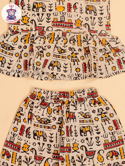 Cream - Girls Readymade Printed Kalamakari Sets