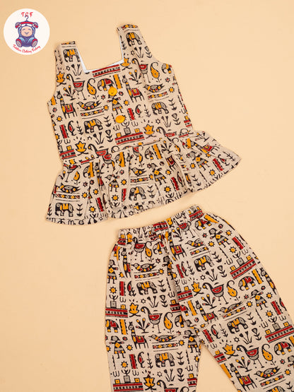 Cream - Girls Readymade Printed Kalamakari Sets