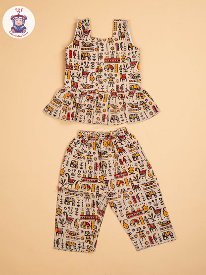 Cream - Girls Readymade Printed Kalamakari Sets