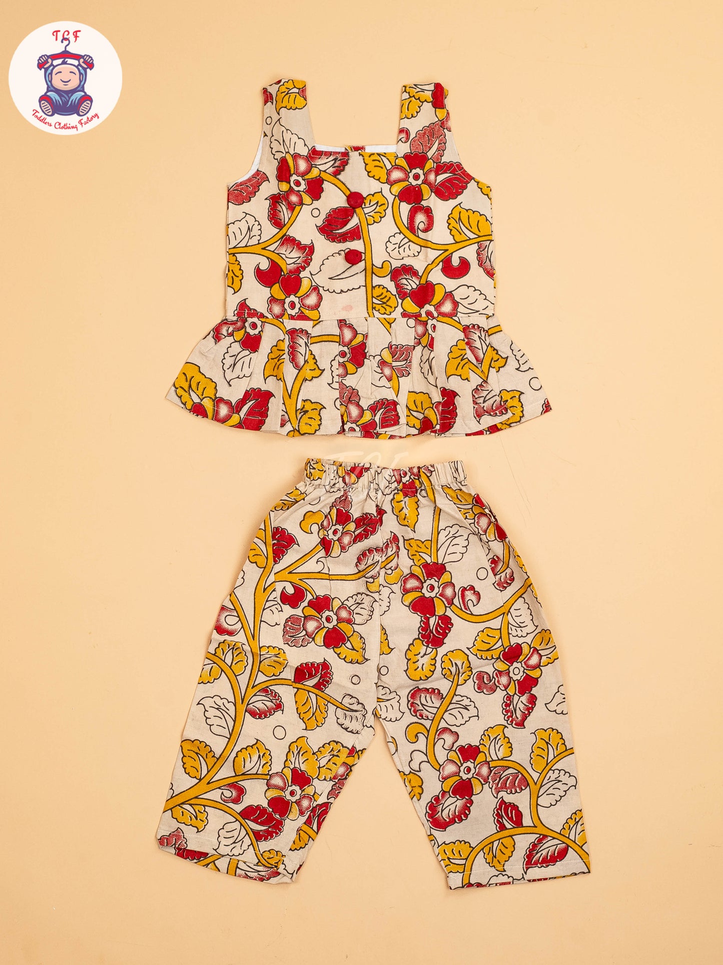 Cream - Girls Readymade Floral Printed Kalamakari Sets