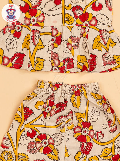 Cream - Girls Readymade Floral Printed Kalamakari Sets