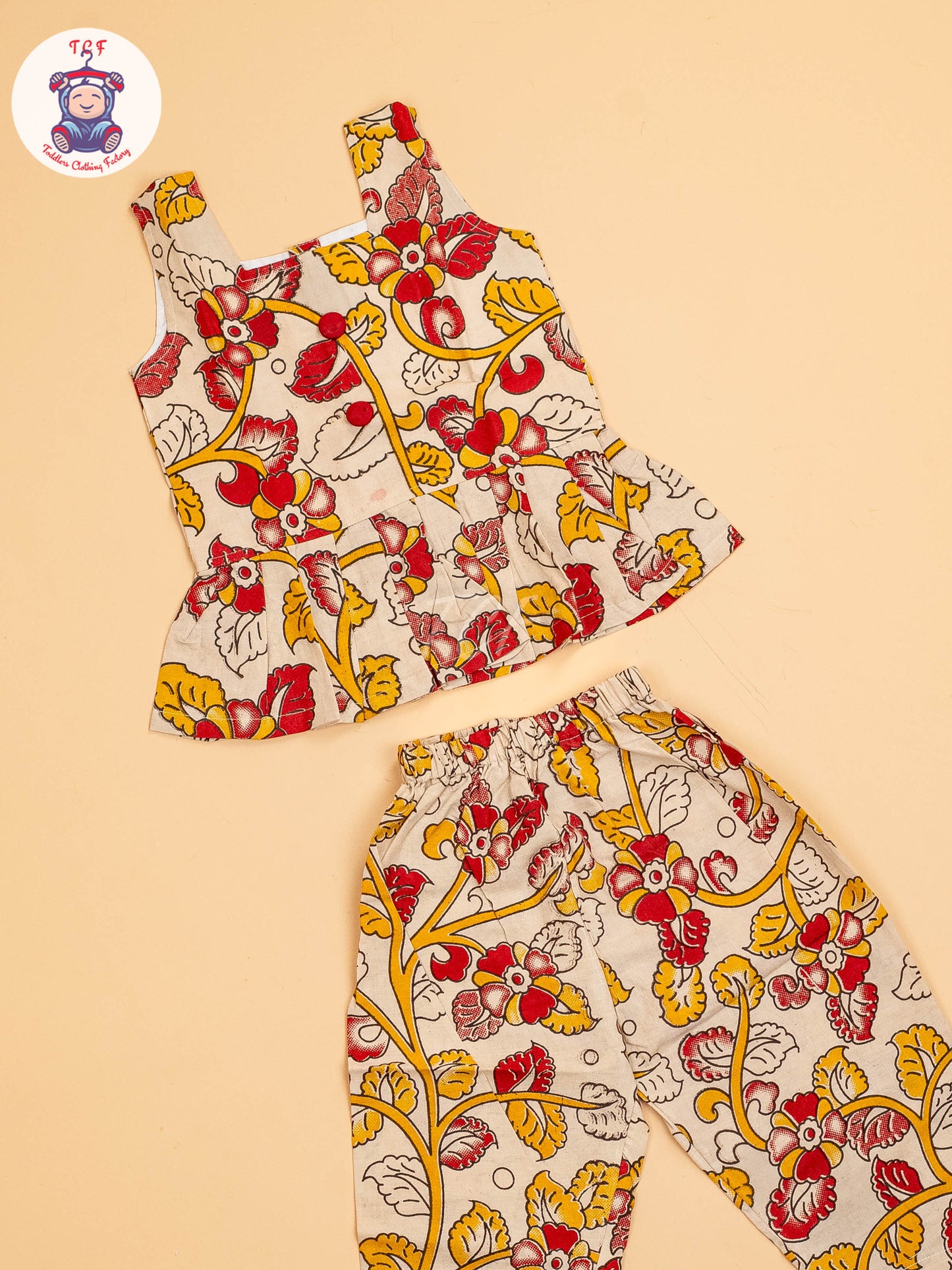 Cream - Girls Readymade Floral Printed Kalamakari Sets