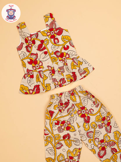 Cream - Girls Readymade Floral Printed Kalamakari Sets