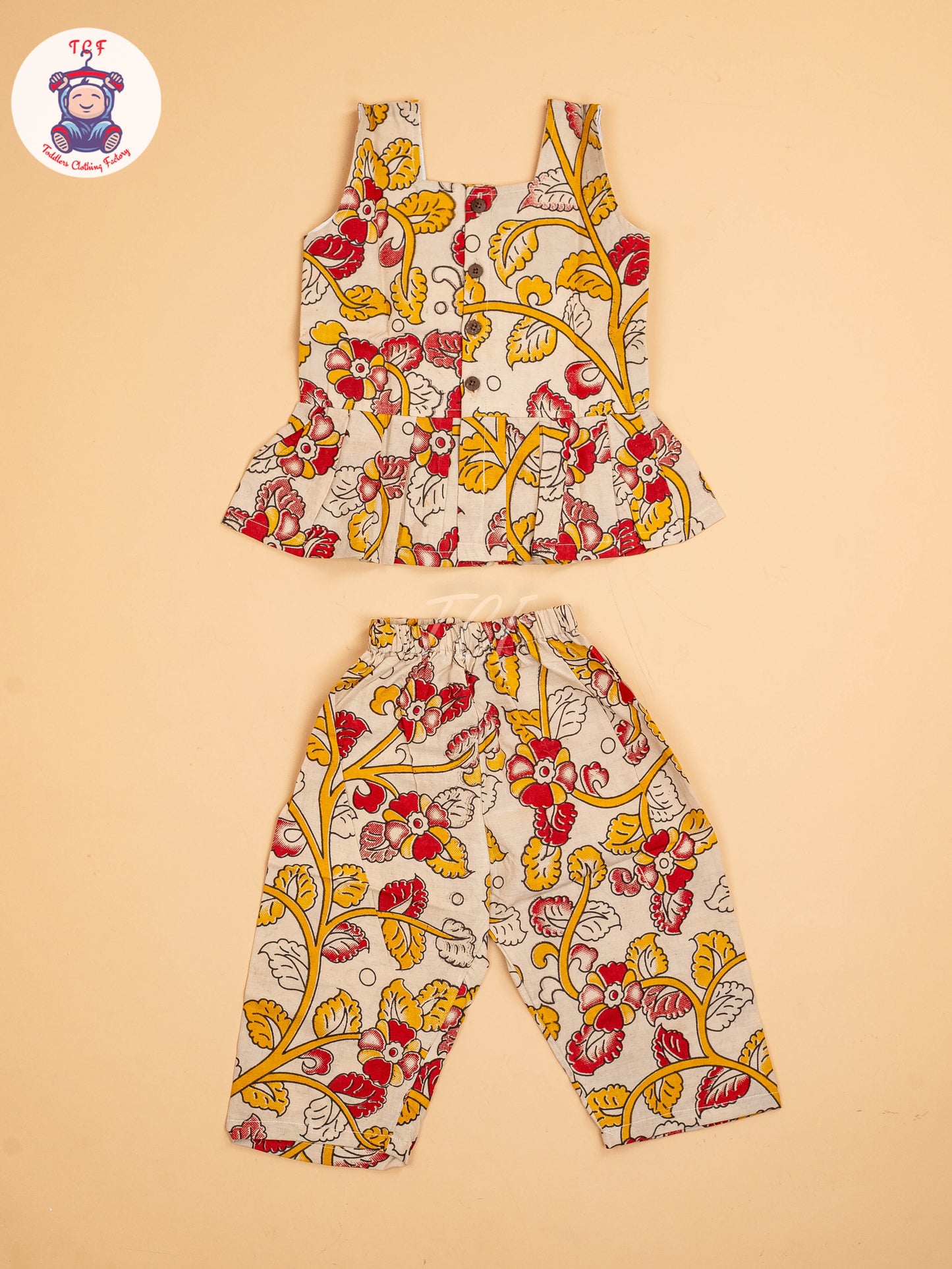 Cream - Girls Readymade Floral Printed Kalamakari Sets