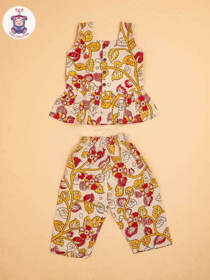 Cream - Girls Readymade Floral Printed Kalamakari Sets