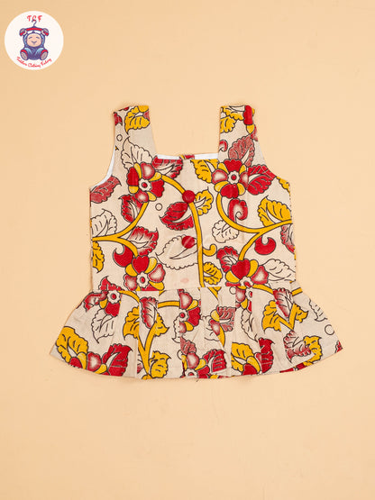 Cream - Girls Readymade Floral Printed Kalamakari Sets