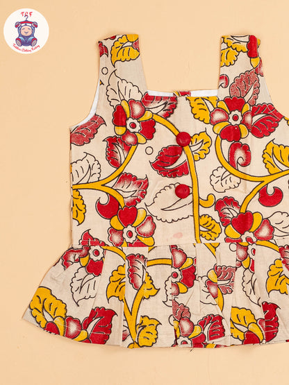 Cream - Girls Readymade Floral Printed Kalamakari Sets