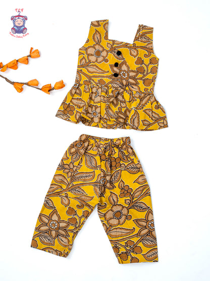 Mustard - Girls Readymade Floral Printed Kalamakari Sets