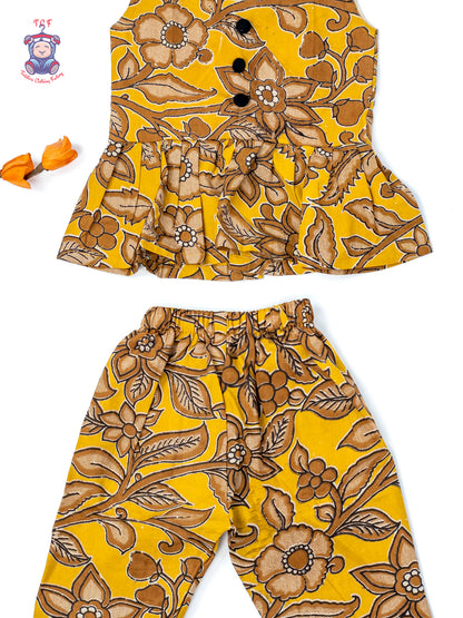 Mustard - Girls Readymade Floral Printed Kalamakari Sets