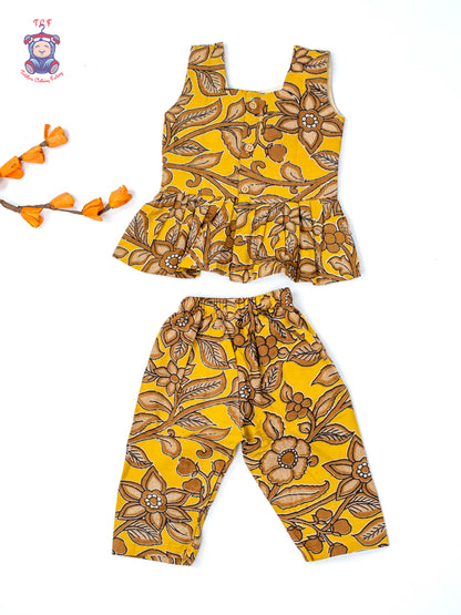 Mustard - Girls Readymade Floral Printed Kalamakari Sets