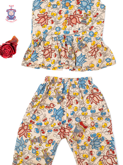 Half White - Girls Readymade Floral Printed Kalamakari Sets