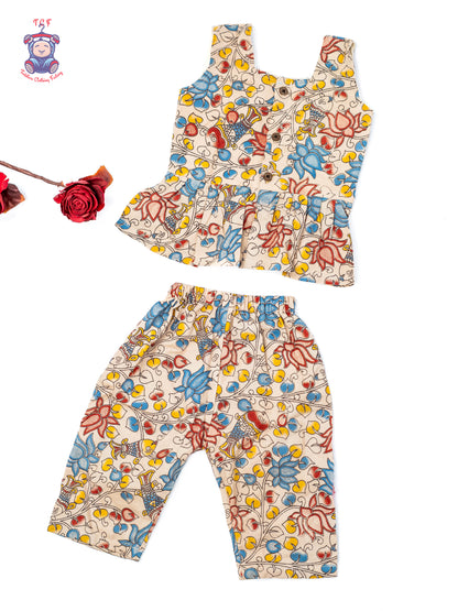 Half White - Girls Readymade Floral Printed Kalamakari Sets