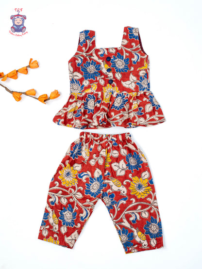 Maroon - Girls Readymade Floral Printed Kalamakari Sets