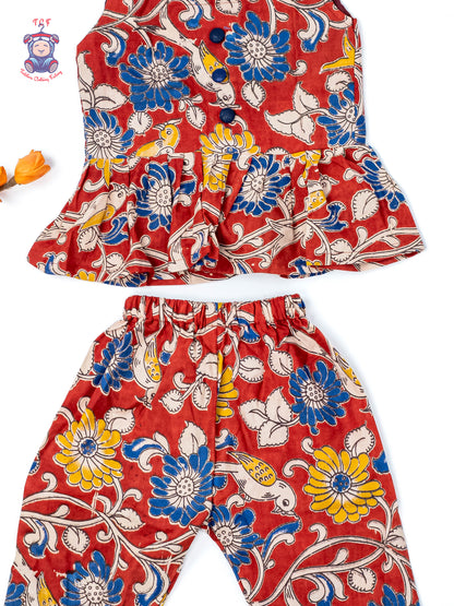 Maroon - Girls Readymade Floral Printed Kalamakari Sets
