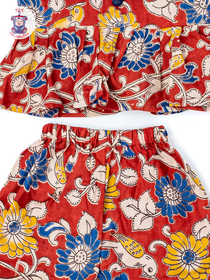 Maroon - Girls Readymade Floral Printed Kalamakari Sets