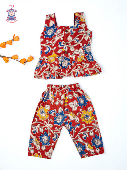 Maroon - Girls Readymade Floral Printed Kalamakari Sets
