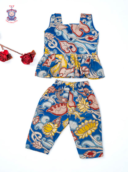 Blue - Girls Readymade Floral Printed Kalamakari Sets