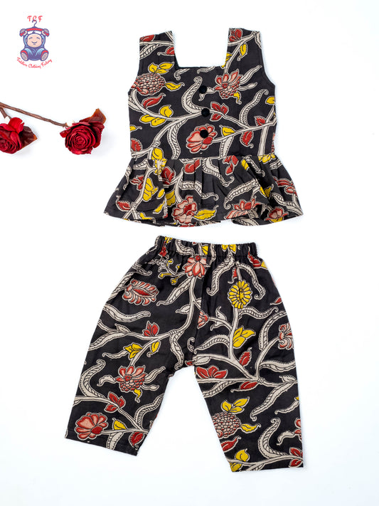 Black - Girls Readymade Floral Printed Kalamakari Sets
